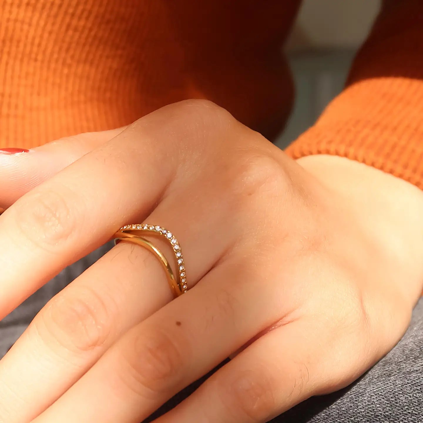 Orleans 18K Gold Non-Tarnish Layered V Rhinestone Ring