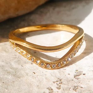 Orleans 18K Gold Non-Tarnish Layered V Rhinestone Ring